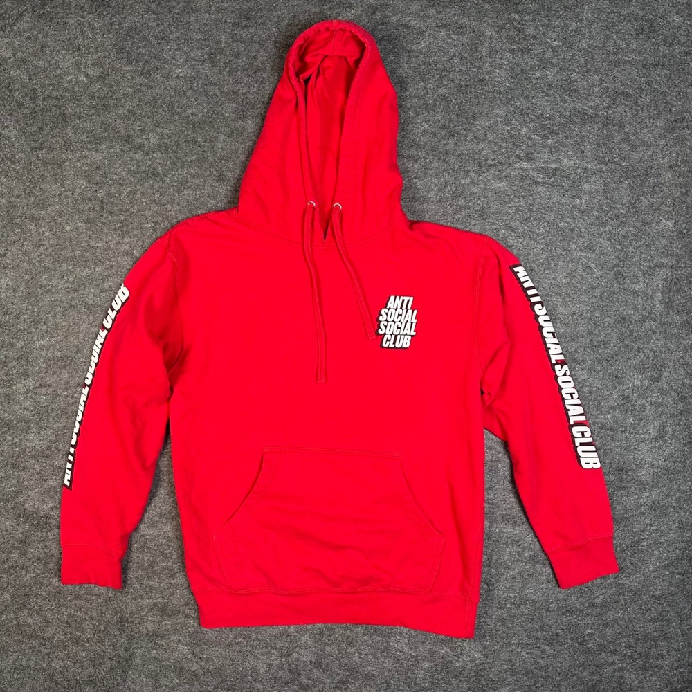 Anti Social Social Club ASSC Red Hoodie Pullover Sleeve Print Logo Mens Medium - Picture 2 of 16